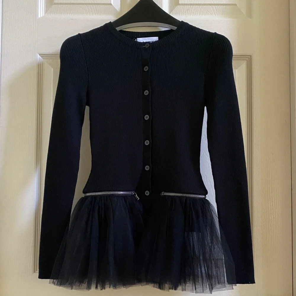 Moschino Couture Black Cardigan Sweater Jacket with Detachable Mesh Ruffled Hem